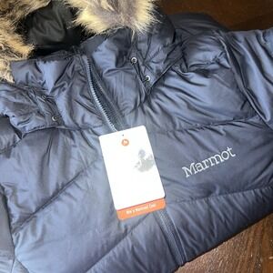 Marmot Puffer Down Jacket Womens Sz SM Montreal Ski Zip Coat Blue NEW